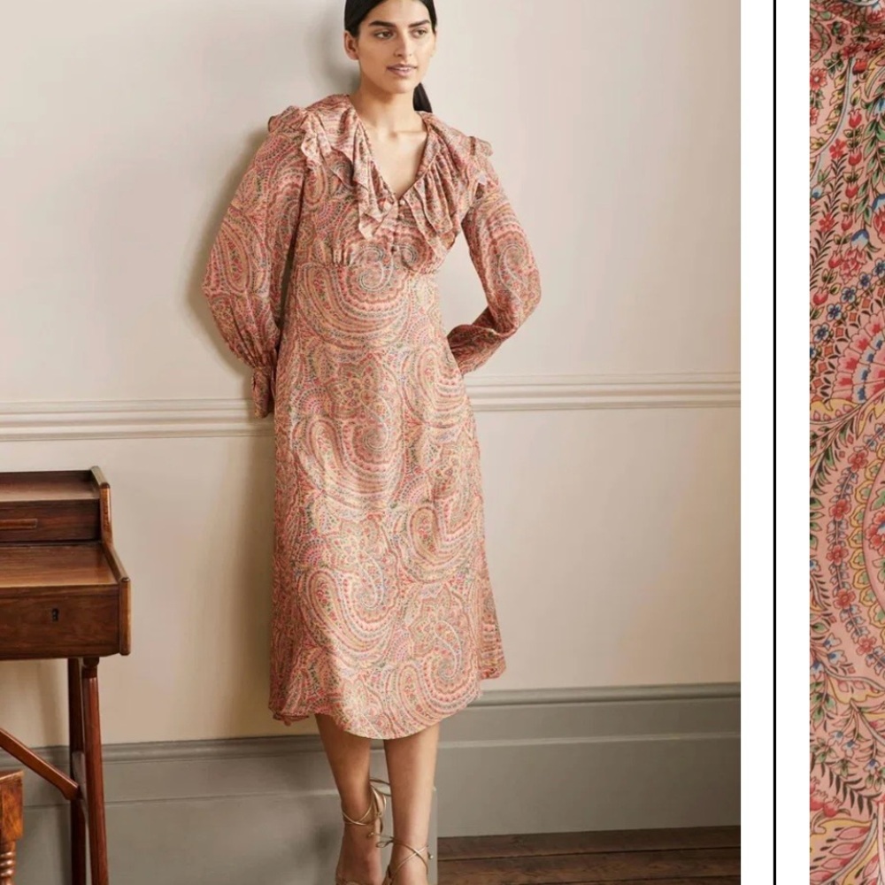 Boden Lara ruffle peach floral midi dress